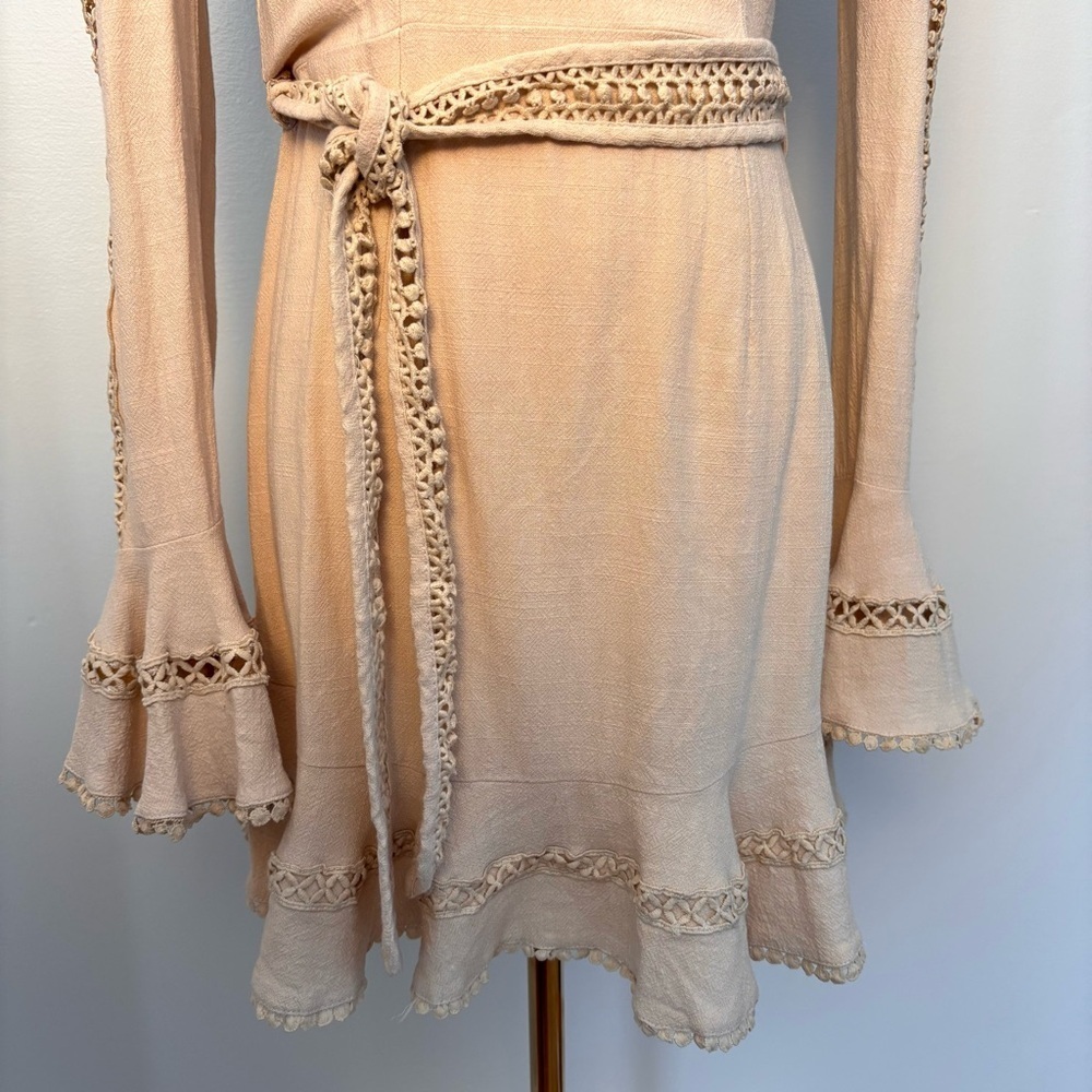 Saints and Secrets Flare Linen Embroidered Flare Cuff Waist Tie Dress Beige Sz S - Picture 6 of 15